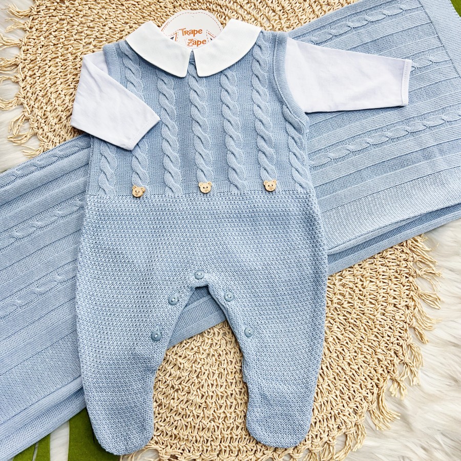  Saída de Maternidade Henry Salopete - Azul Bebê Manta Trança